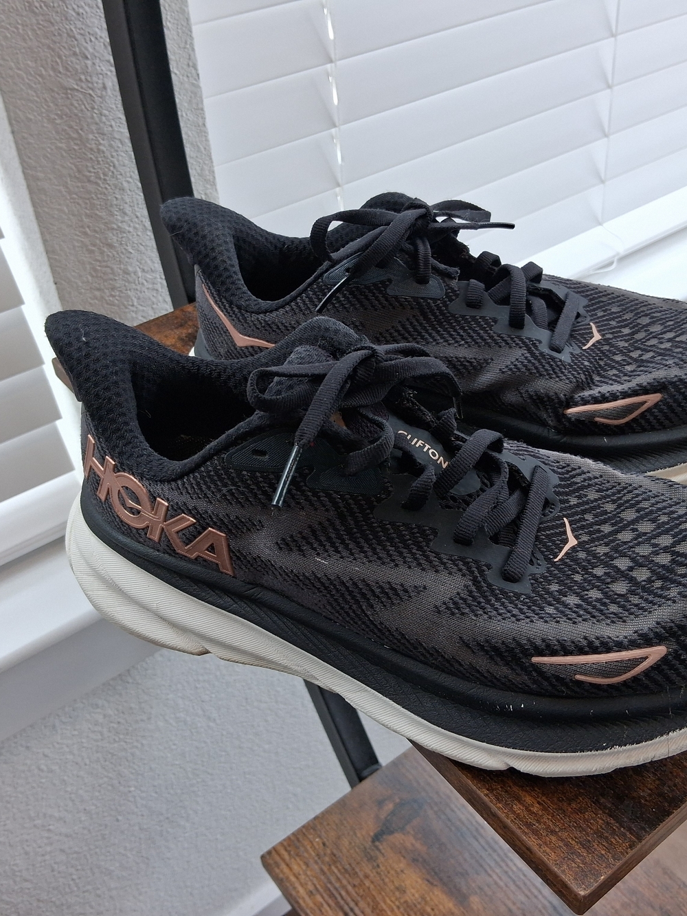 Hoka Black Running Shoes with Rose Gold Accents